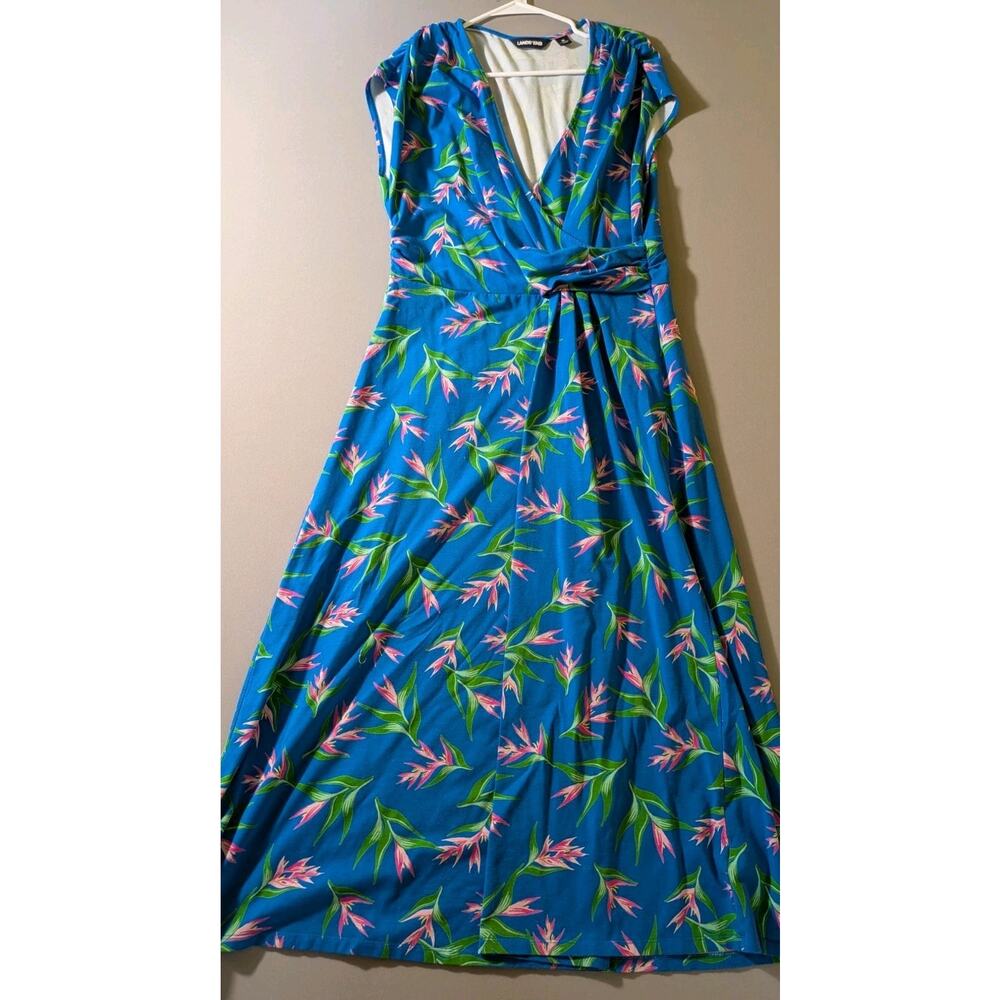 Lands’ End 16W-18W 1XL Tropical Floral Blue Stretchy Travel Cotton Wrap Dress